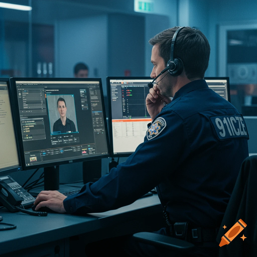 Man in uniform works at a control desk with multiple computer monitors.