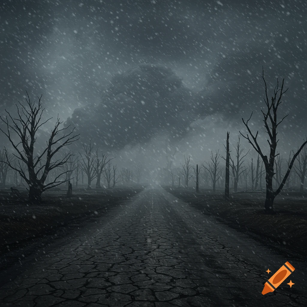 Post-apocalyptic landscape with a cracked road, bare trees, and falling snow under a dark sky.