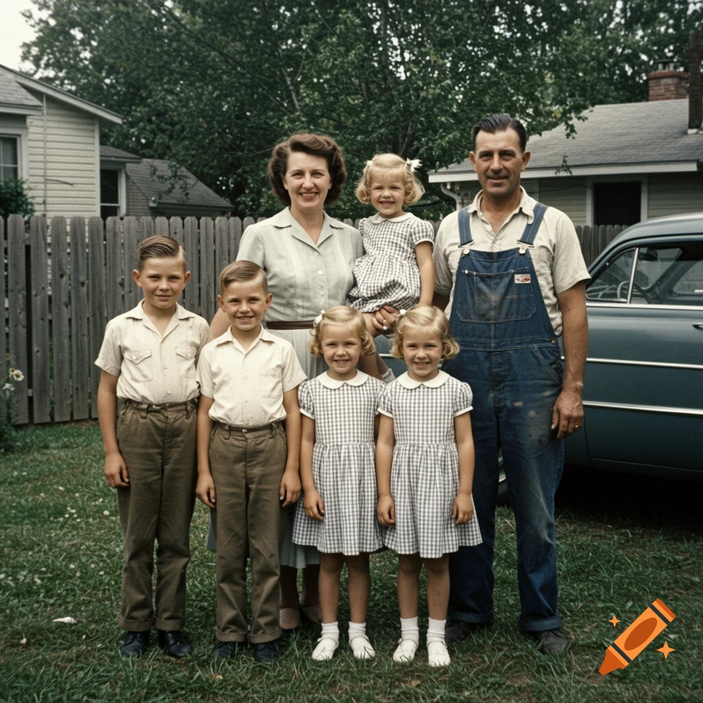 Vintage photo of a family (parents, 2 boys, twin girls) posing in a backyard next to a car.