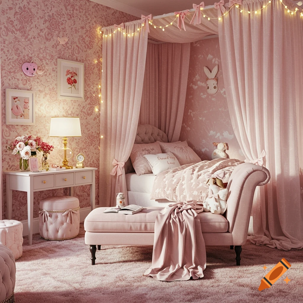 A pink whimsical bedroom with a canopy bed, chaise lounge, vanity, and stuffed animals.