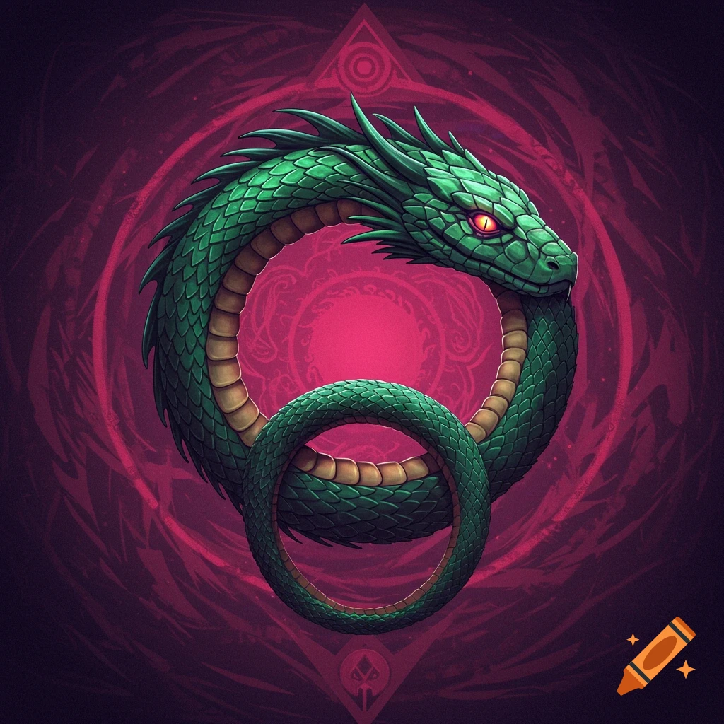A green dragon in a circle biting its tail, a symbolic Ouroboros with a red background.