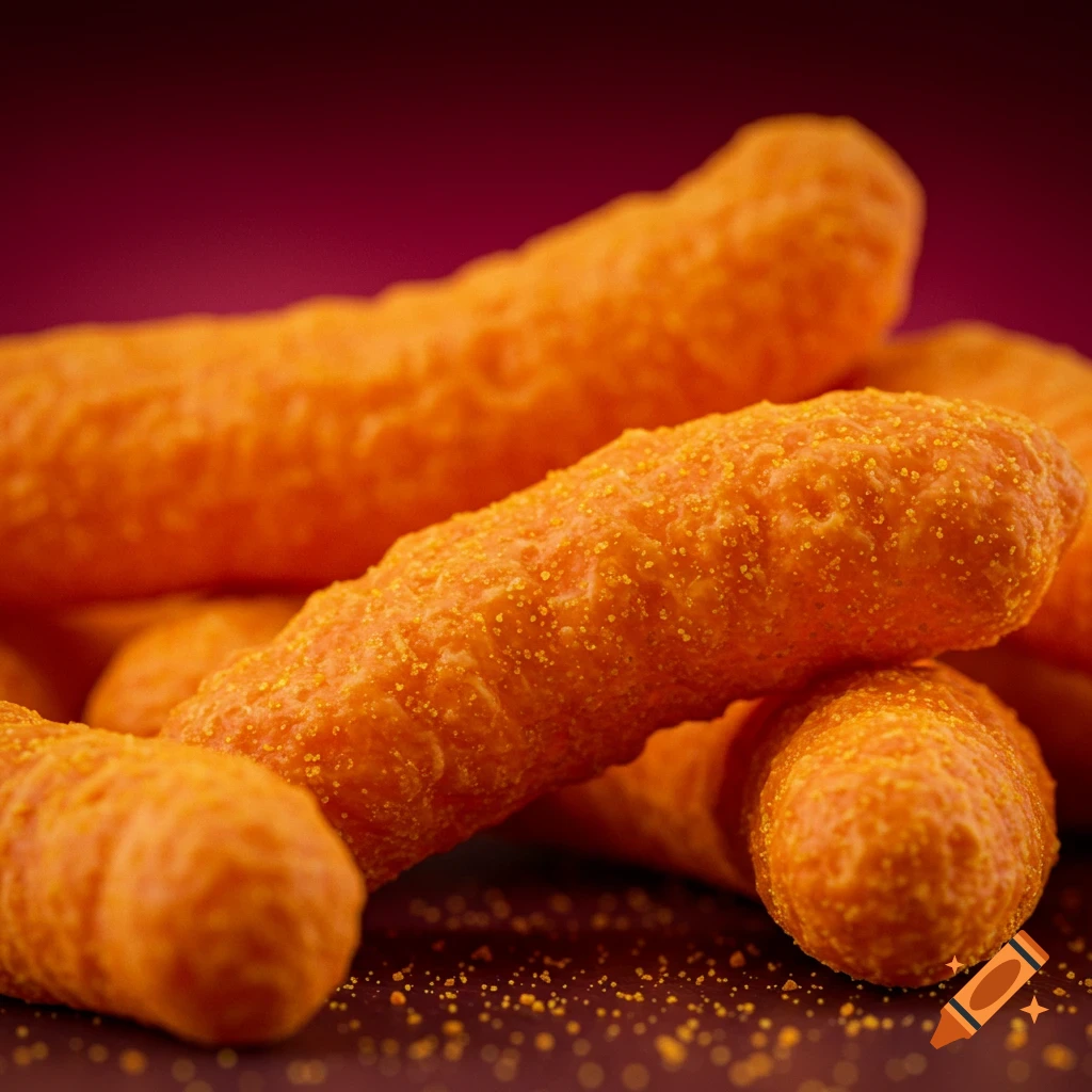 Close-up photorealistic image of orange cheese puffs