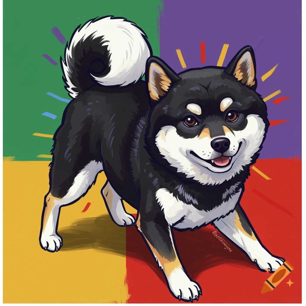 A playful black and white Shiba Inu in a colorful pop art style.