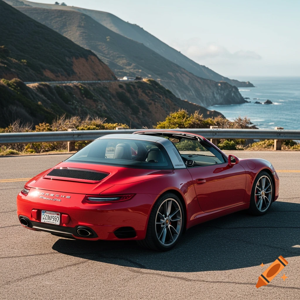 Red Porsche 911 Targa parked on a coastal highway overlooking mountains and the ocean, photorealistic style.