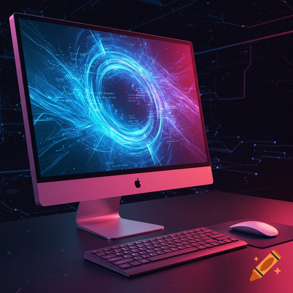A computer setup with abstract data on screen, keyboard, mouse, in futuristic lighting.