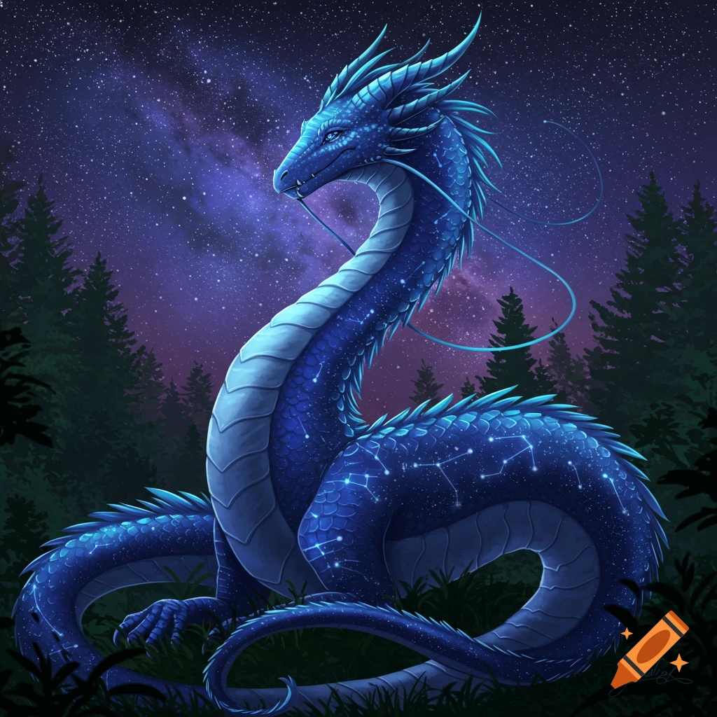 A blue dragon with constellations on its scales sits in a dark forest clearing under a starry night sky.