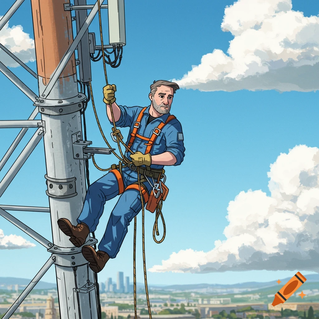 A man in safety gear climbs a cell tower.
