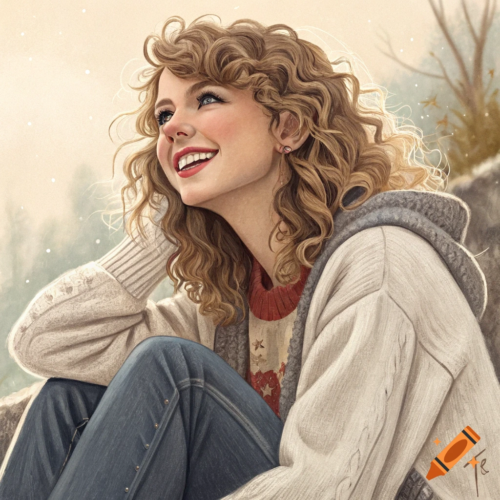 Illustration of a smiling woman with curly hair looking up