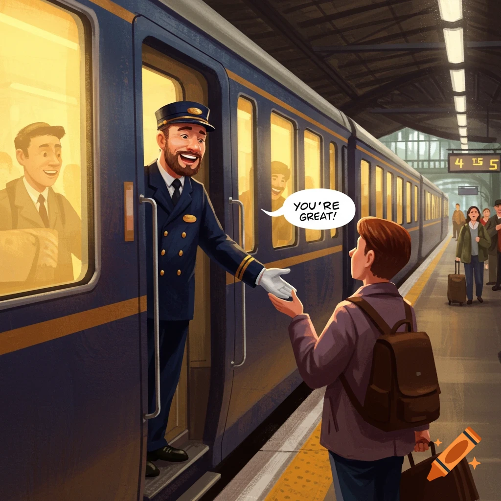 A train conductor shaking hands with a passenger on a platform, with a speech bubble saying 'You're great!'