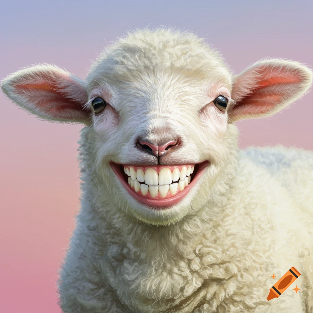 A smiling lamb with human teeth