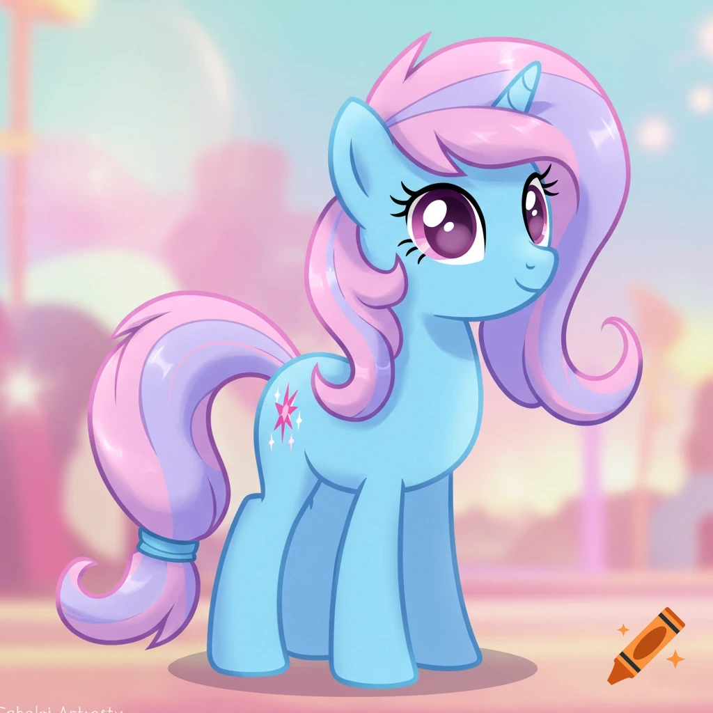 Pink cartoon pony with green and blue mane and a cocktail glass symbol