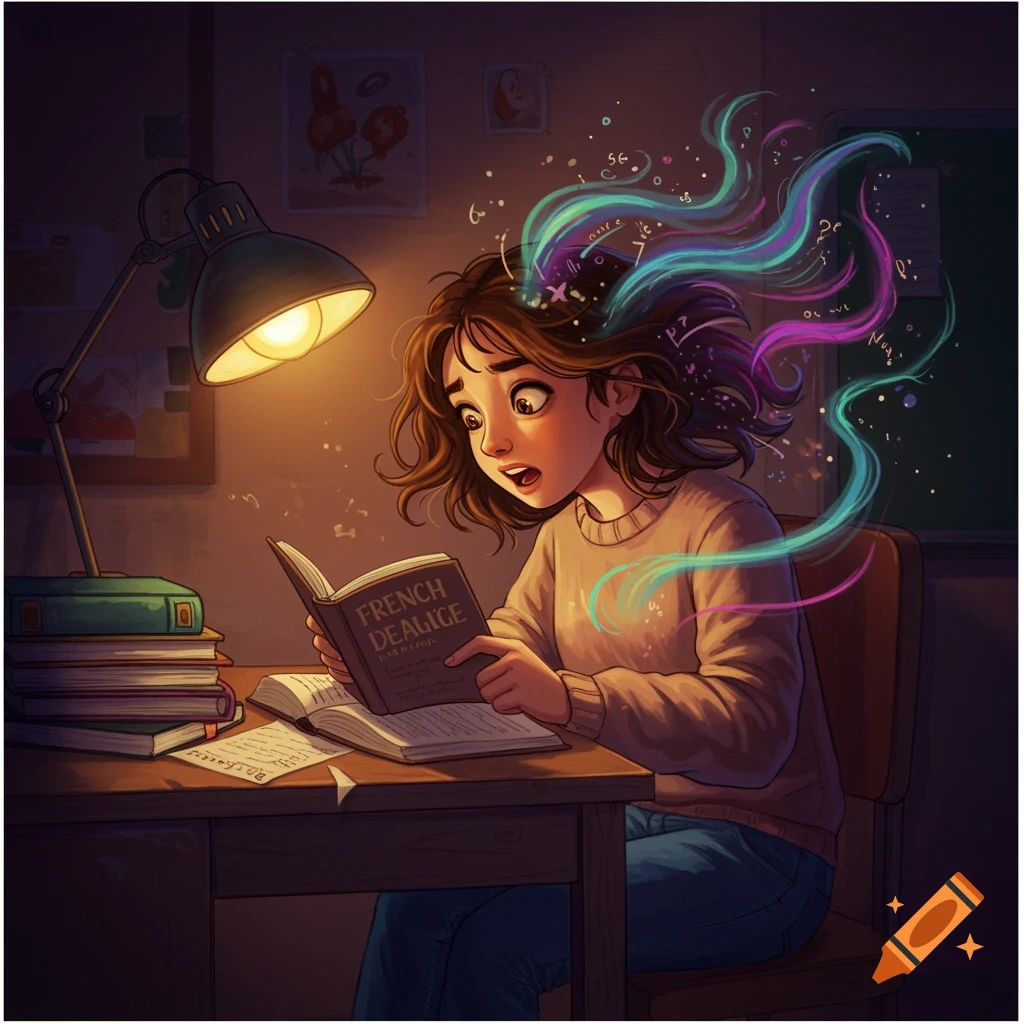 A girl studies intensely at a desk, with colorful streams of ideas flowing from her head.