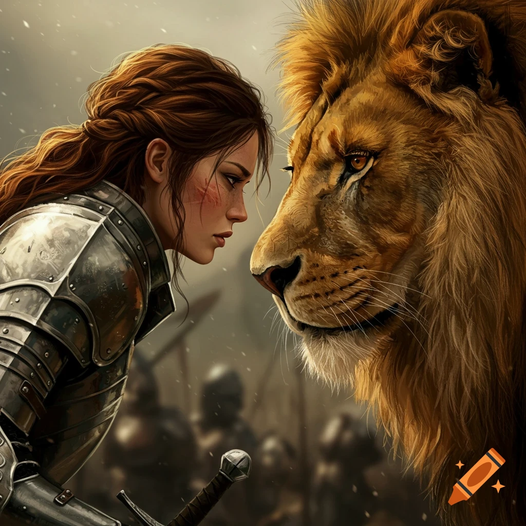 A woman in armor and a lion face each other before battle.