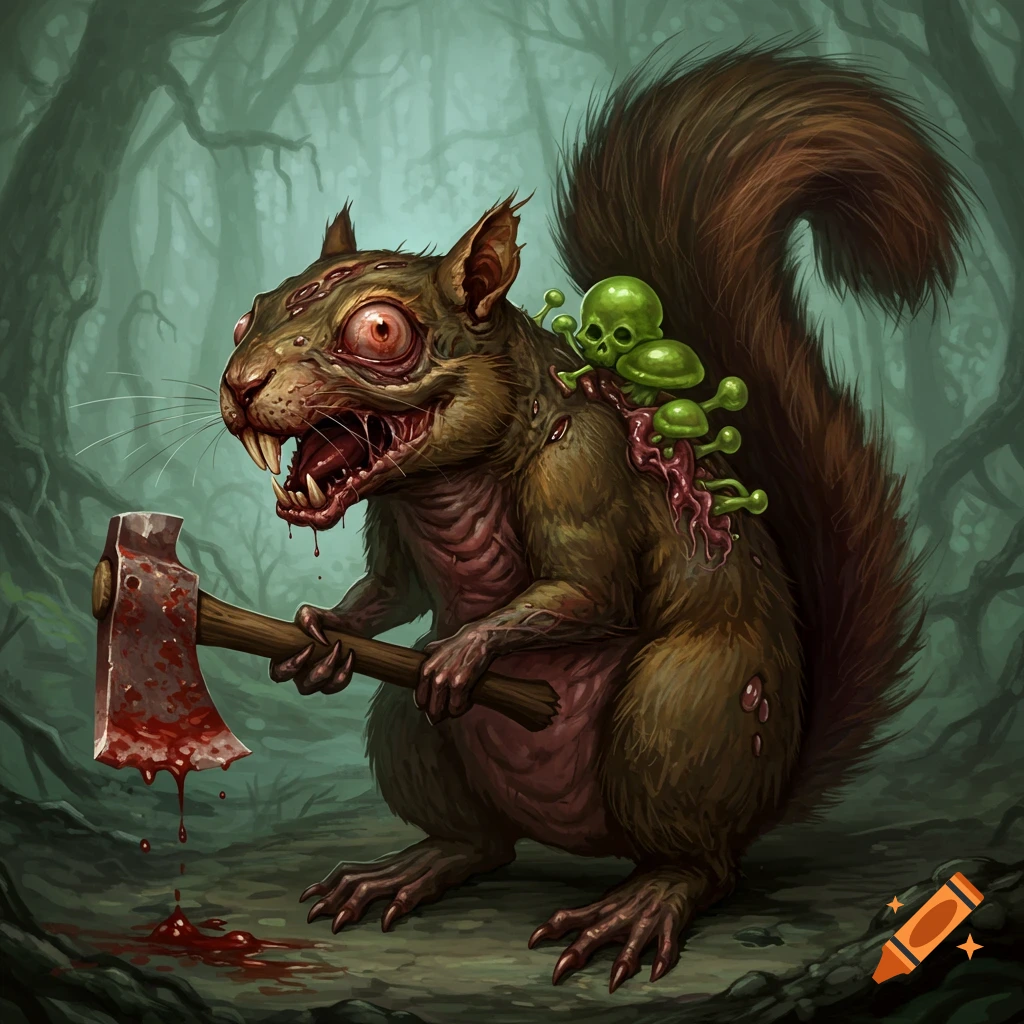 A zombie squirrel holds a bloody axe in a forest.