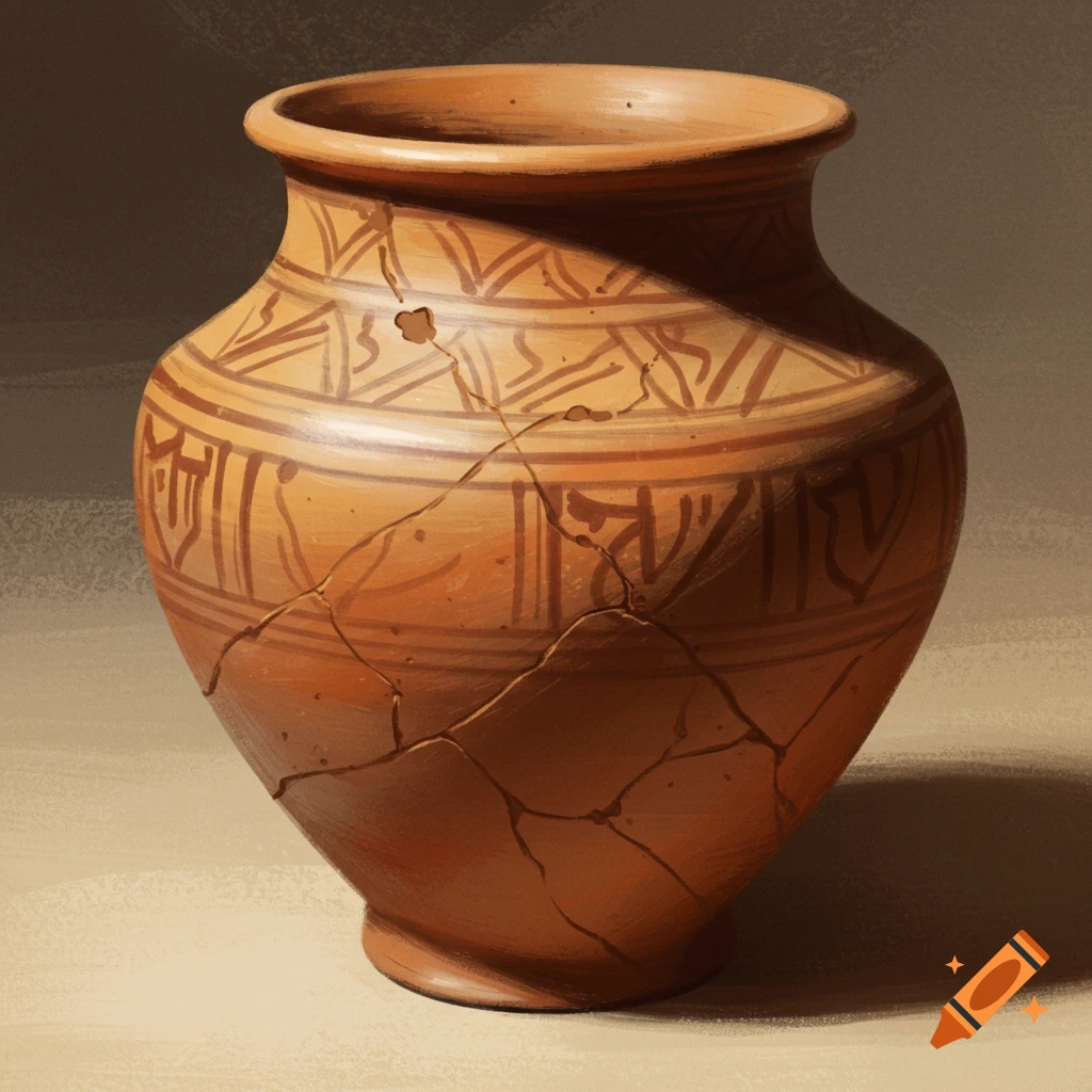 An ancient, cracked terracotta pot with decorative patterns.