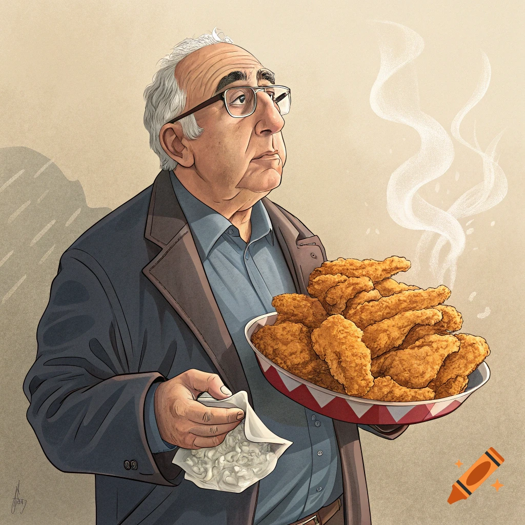 Illustration of an older man in glasses and a suit holding a large bowl of fried chicken.