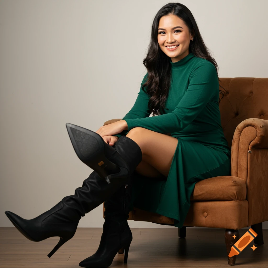 A woman in a green dress and black boots sits on a chair, showing the sole of her boot.