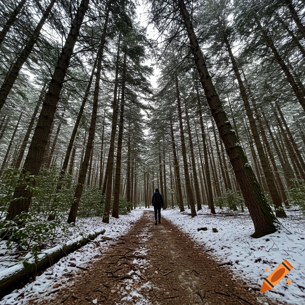 A person walks down a snowy path through a dense forest of tall trees.