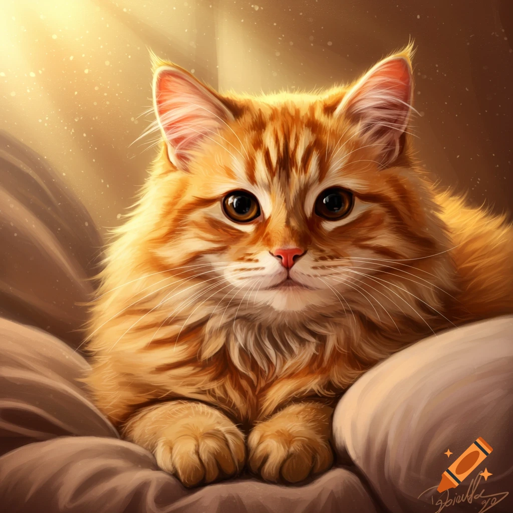 A fluffy orange tabby cat relaxing on a cushion in warm light.