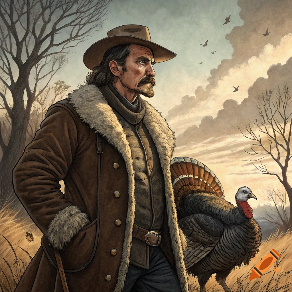 A man in a western hat and fur coat stands next to a turkey in an autumn landscape.
