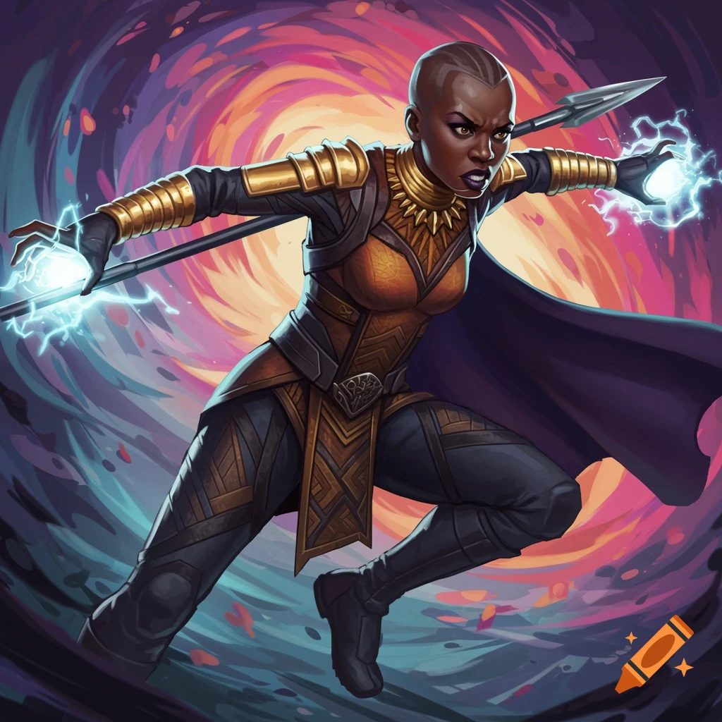A bald female warrior in gold and grey armor holds a spear with lightning, in a dynamic stylized pose.