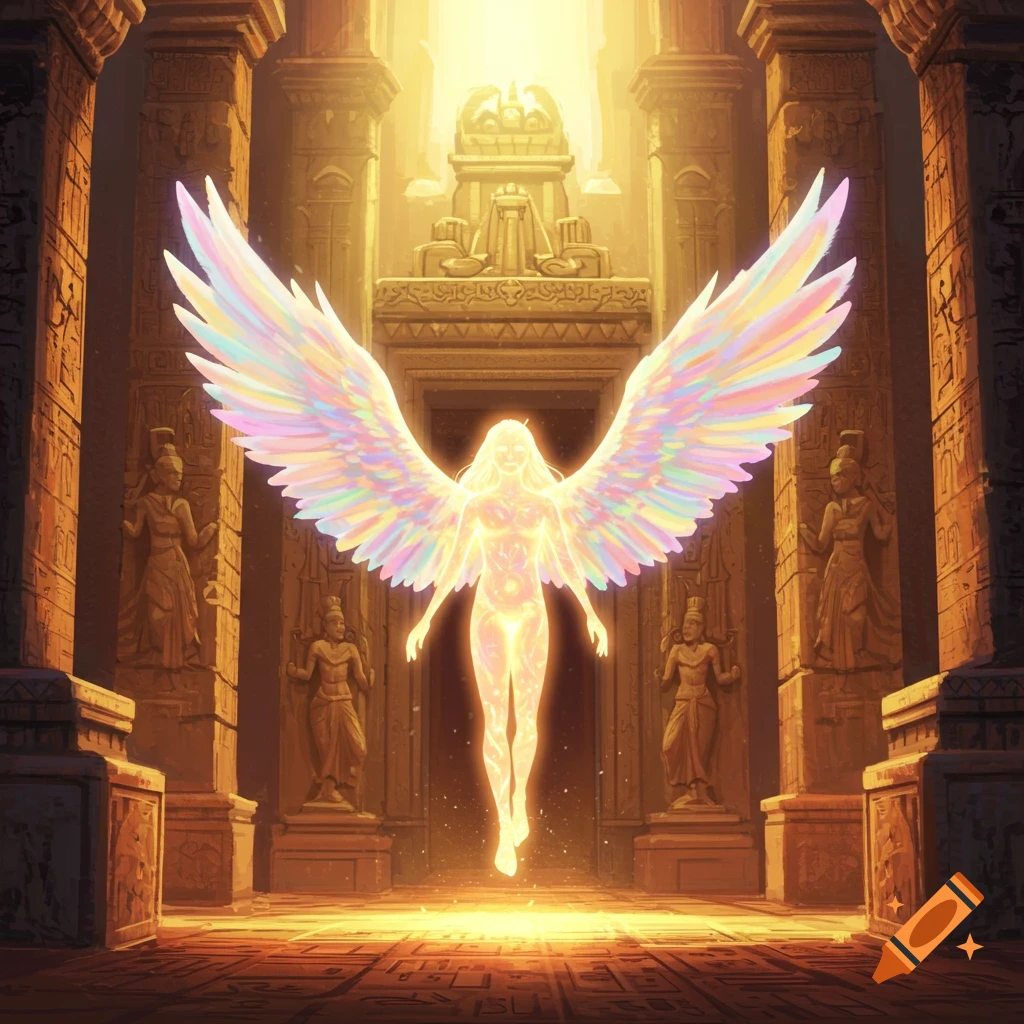 Luminous winged figure floating in a grand temple