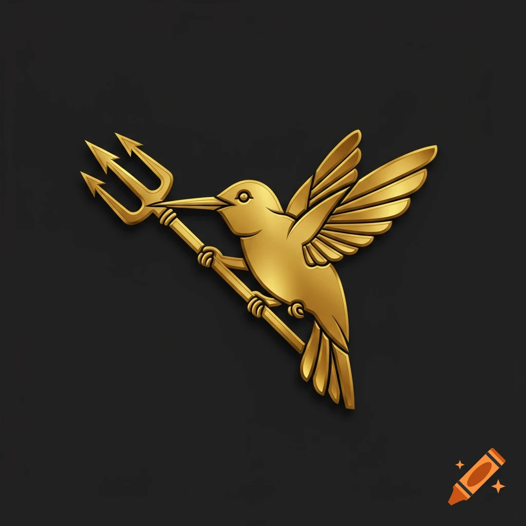 Metallic gold hummingbird logo holding a trident