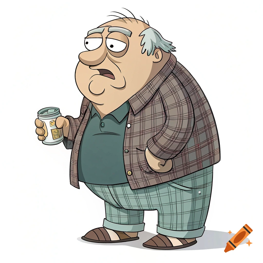 Cartoon character resembling an aged Peter Griffin, wearing a plaid shirt and slippers, holding a can.