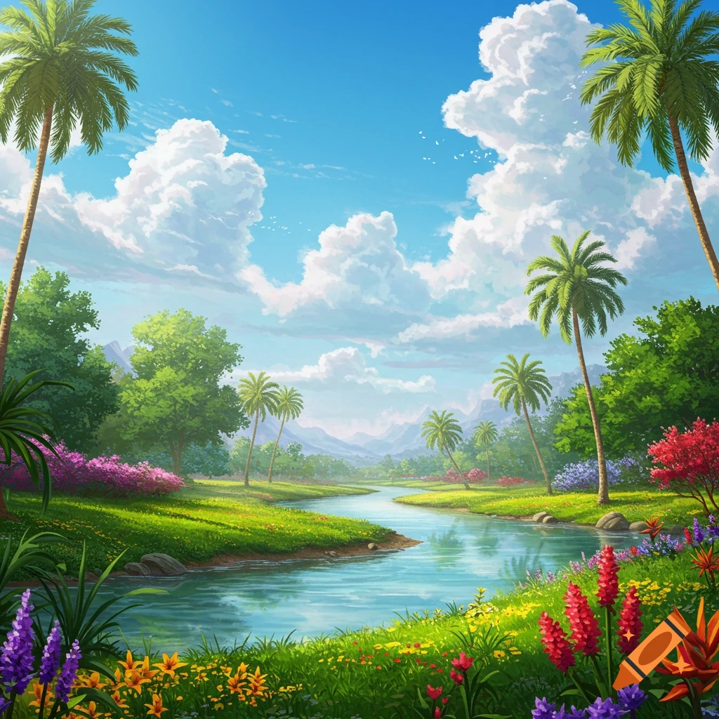 A vibrant painting of a river flowing through a lush valley with palm trees, mountains, and colorful flowers under a cloudy sky.
