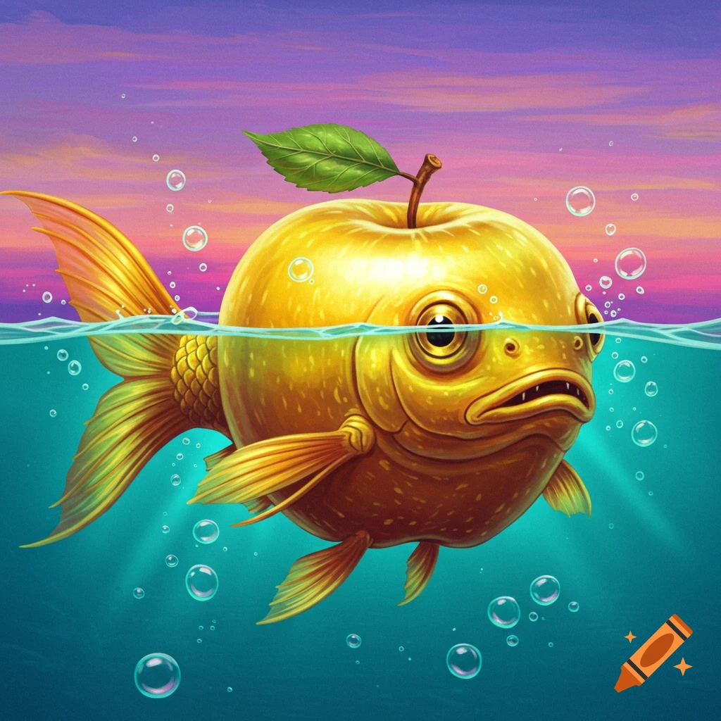 A golden apple-bodied fish swims in water with bubbles under a colorful sky.