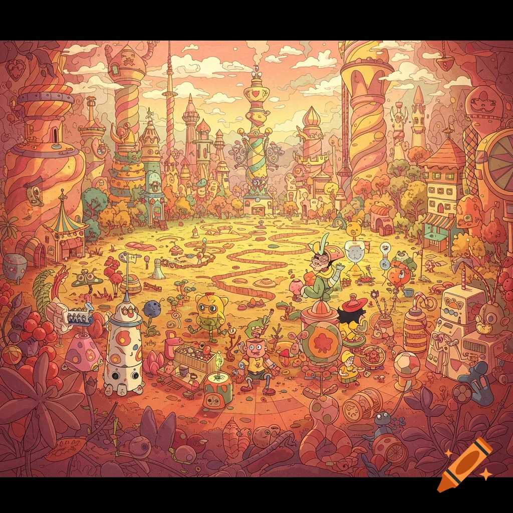 Whimsical illustration of a fantasy game board world with colorful characters and buildings