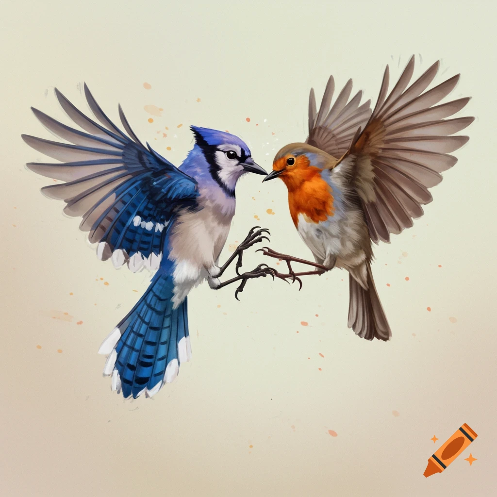 A Blue Jay and a Robin are in mid-air with their wings spread.