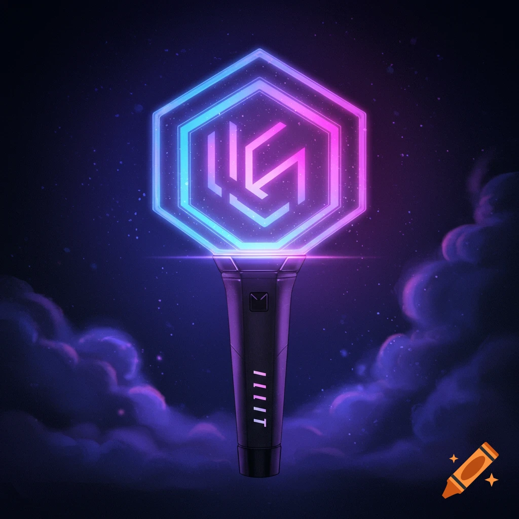 An ILLIT lightstick glows in a starry night sky with clouds.