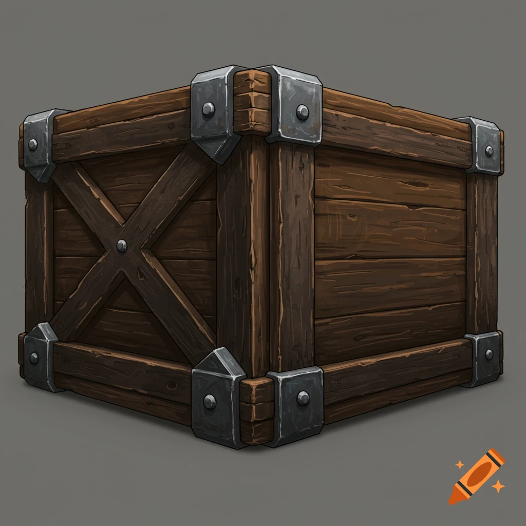 Detailed image of a wooden crate with metal corner plates on a grey background.