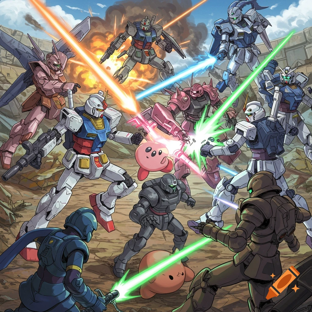 Gundam mechs and Kirby characters are engaged in combat, utilizing beam weapons amidst a destroyed environment.