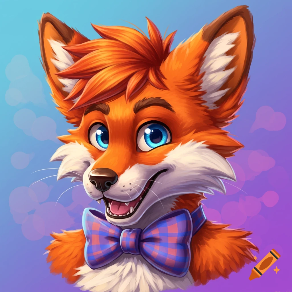 Close-up portrait of a smiling cartoon fox with a bow tie