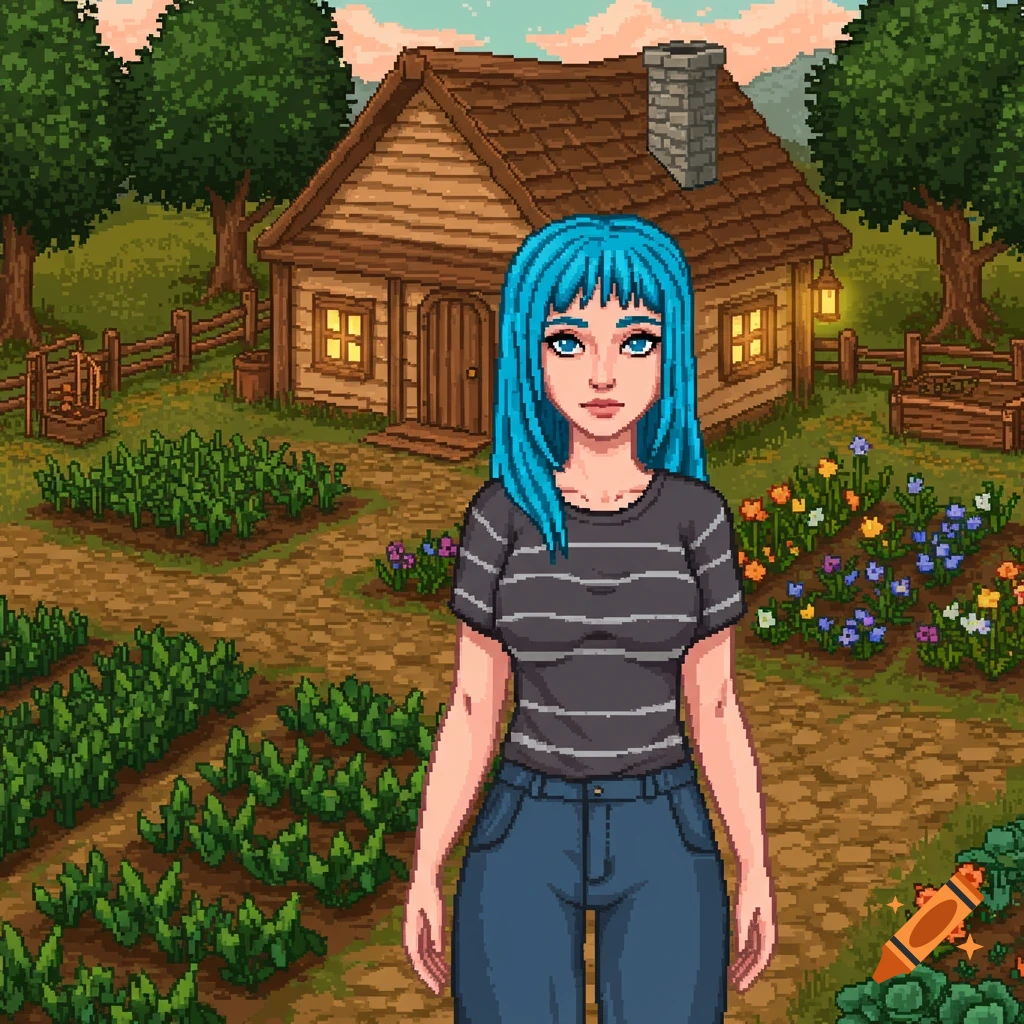 Pixel art woman with blue hair and striped shirt stands in a farm field in front of a house, Stardew Valley style.