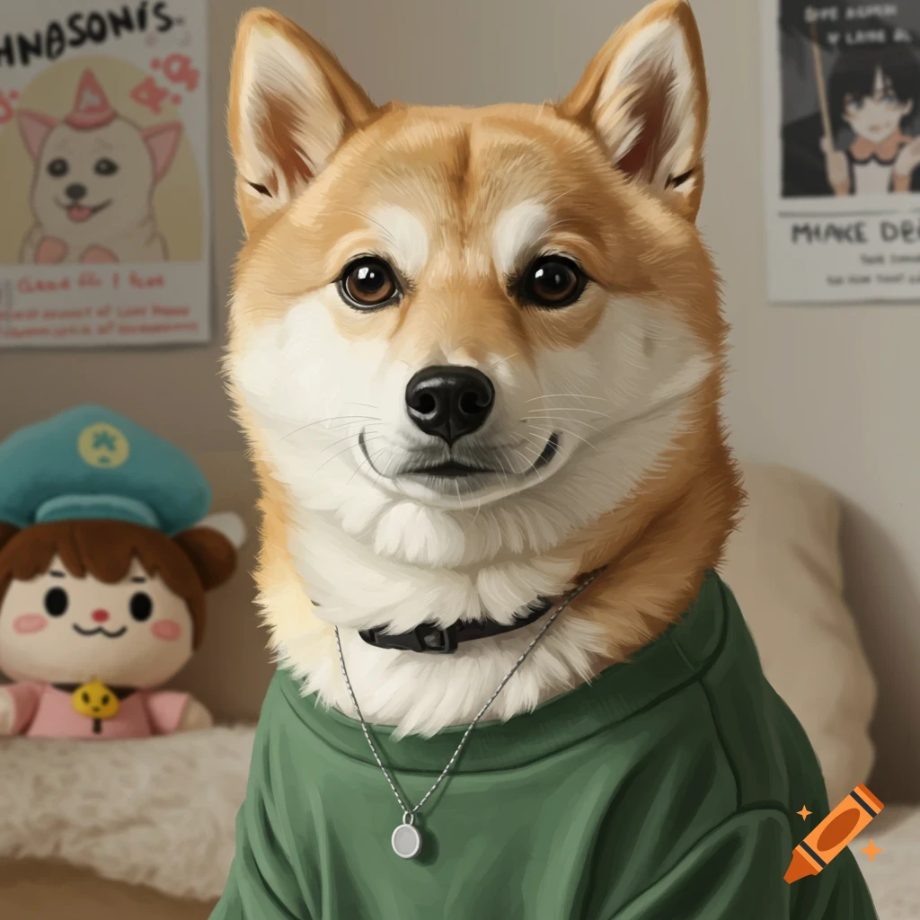 A Shiba Inu dog wearing a green sweatshirt and silver necklace sits in a room with anime-themed posters and a plush toy in the background.