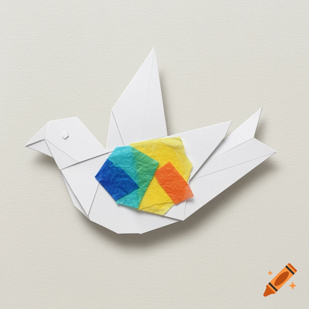 White paper origami dove with colorful tissue paper on its chest.