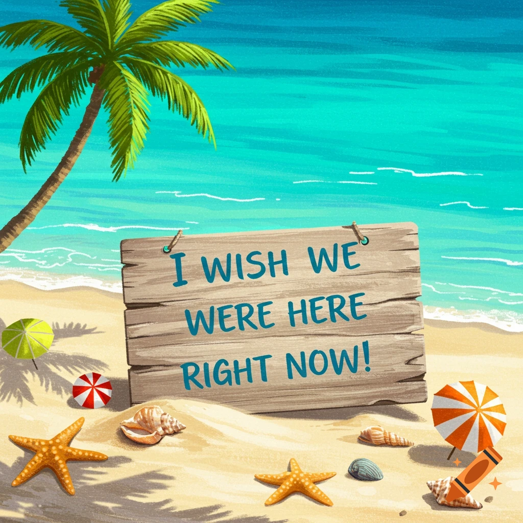 A beach with a sign that says 'I wish we were here right now!'