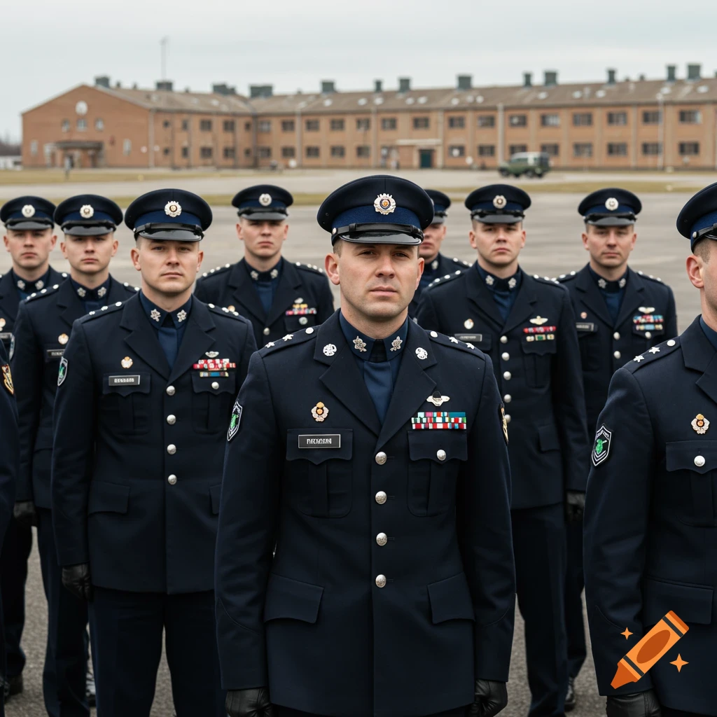Group of soldiers in dark blue uniforms standing in formation outside buildings