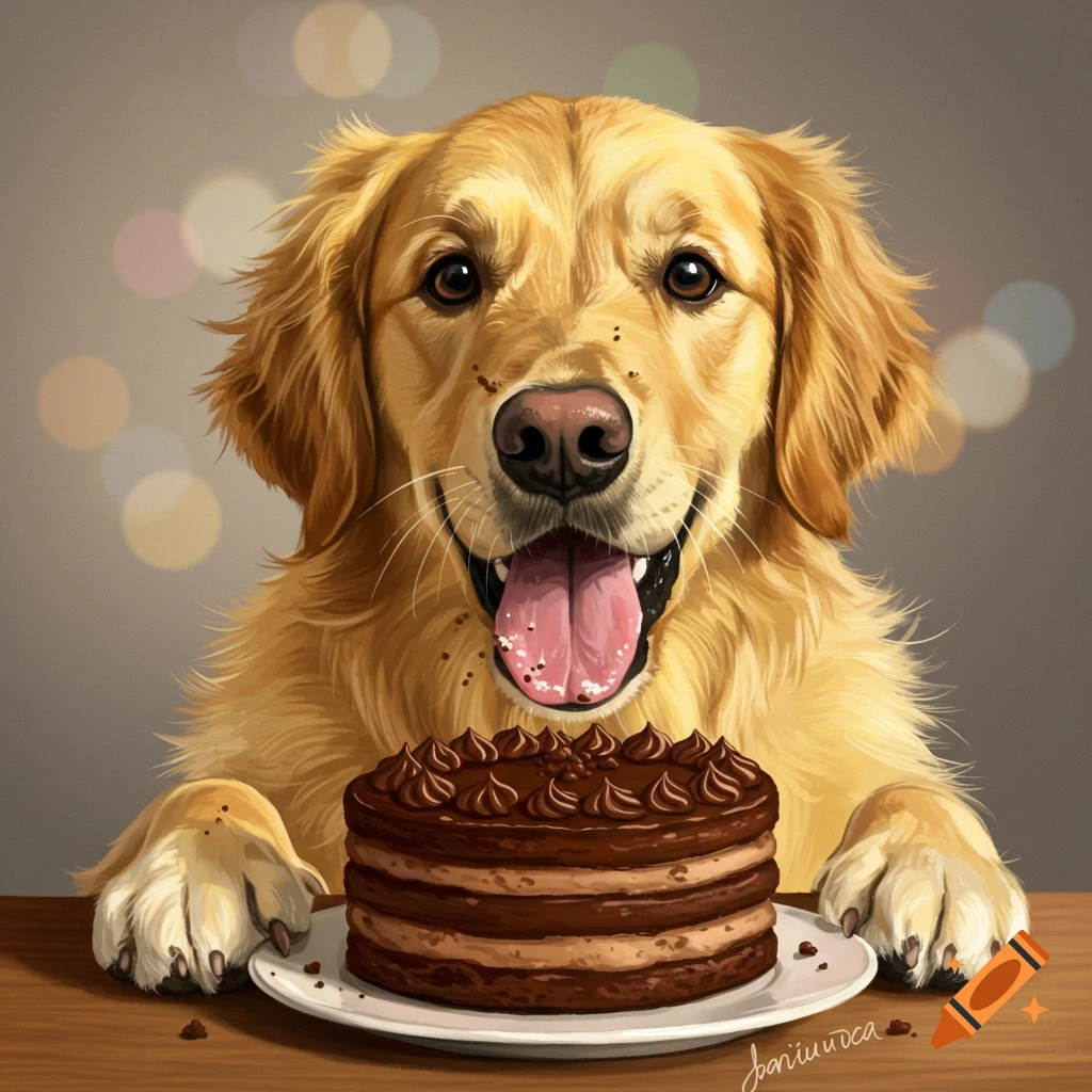 A golden retriever with crumbs on its nose looks excitedly at a chocolate cake.