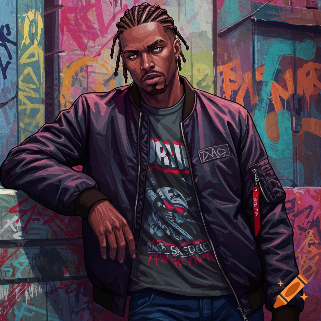 A Black man with braids in a bomber jacket leans against a graffiti-covered wall.