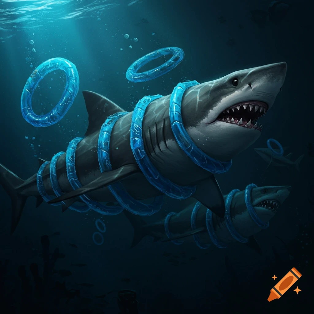 Sharks wrapped in blue plastic rings underwater