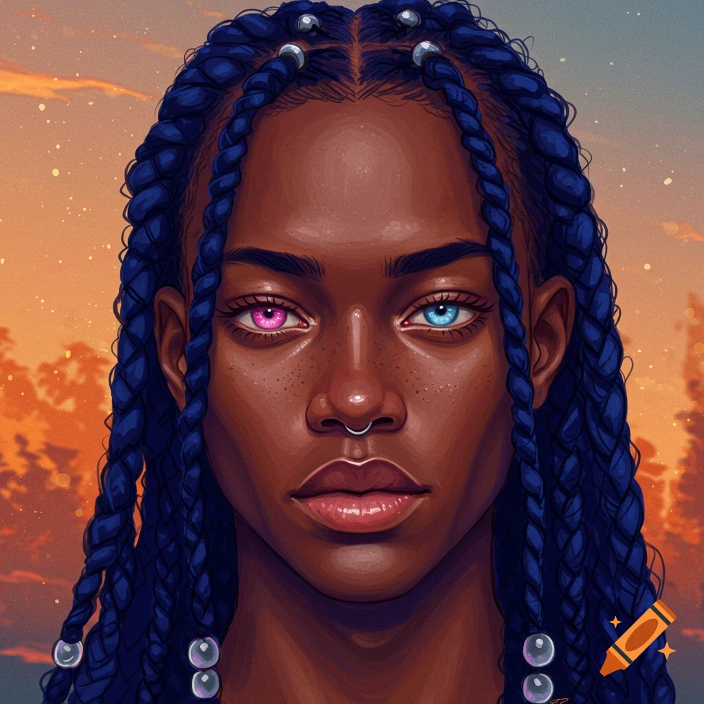 A portrait of a person with heterochromia and blue braids.