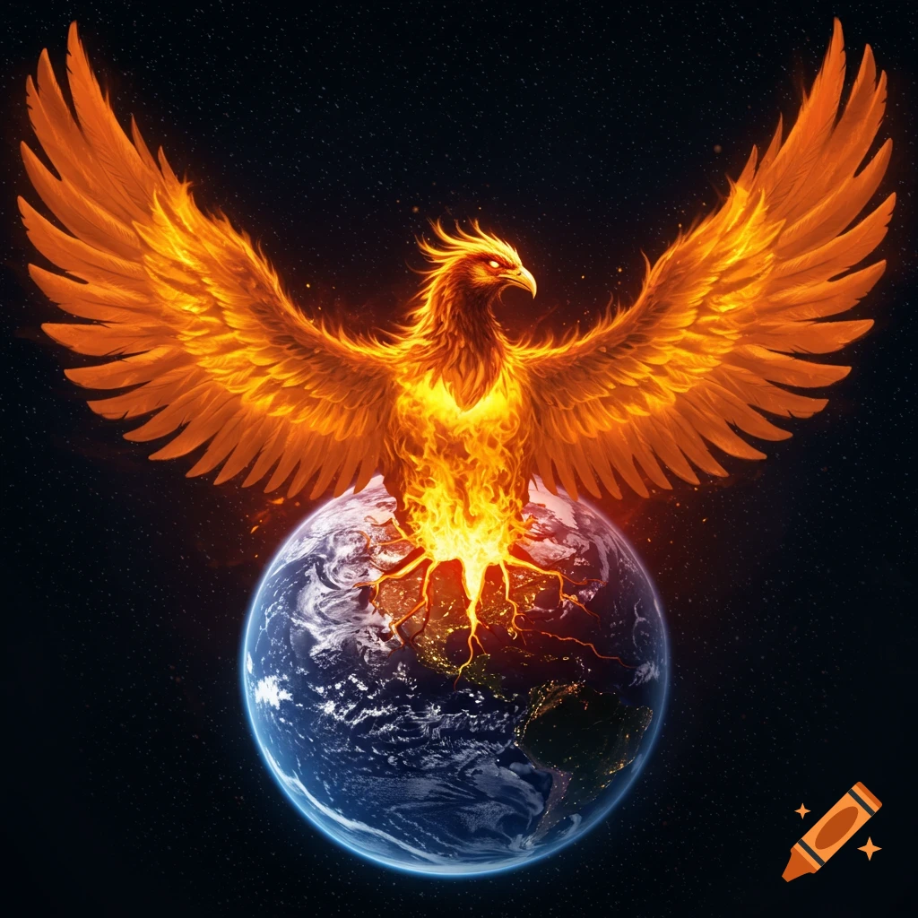 A giant fiery phoenix rises above a cracked Earth, with lava erupting from the surface, set against a starry space background.