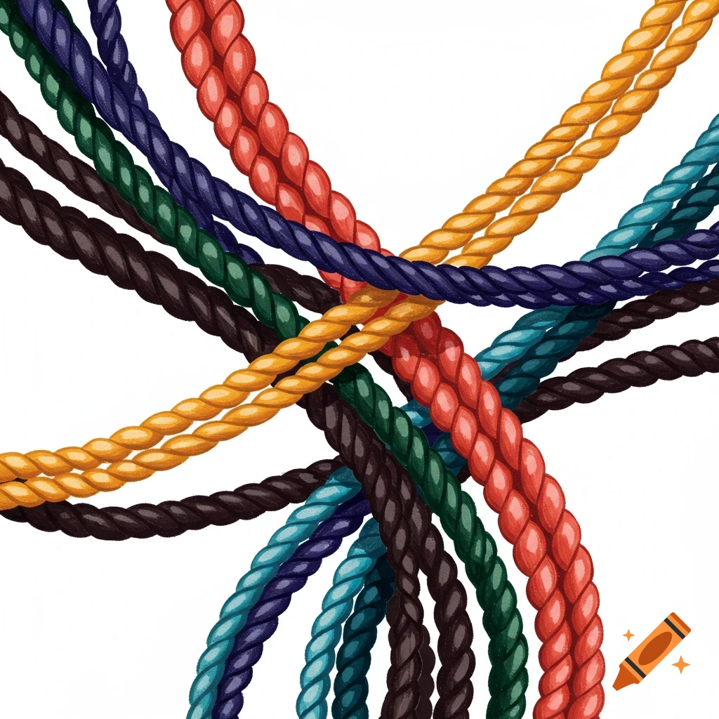 Different colored twisted ropes on a white background.