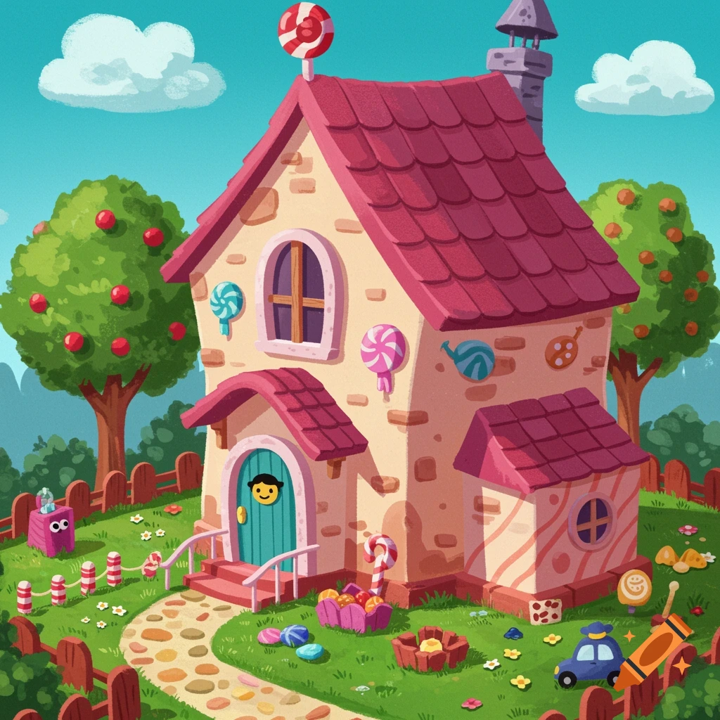 Whimsical cartoon house decorated with candy in a sunny garden with a toy car and fence. Digital illustration.