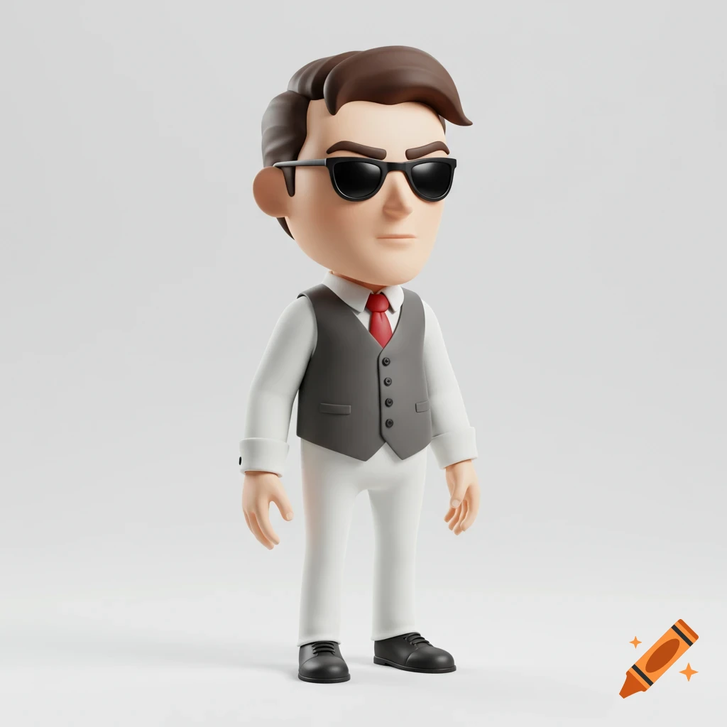 A 3D cartoon man figure wears a white shirt, grey vest, red tie, white pants, and black sunglasses.