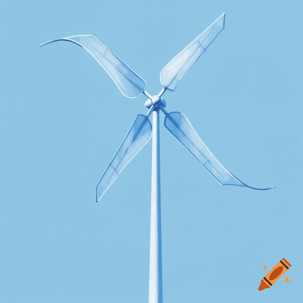 A modern windmill against a blue sky.